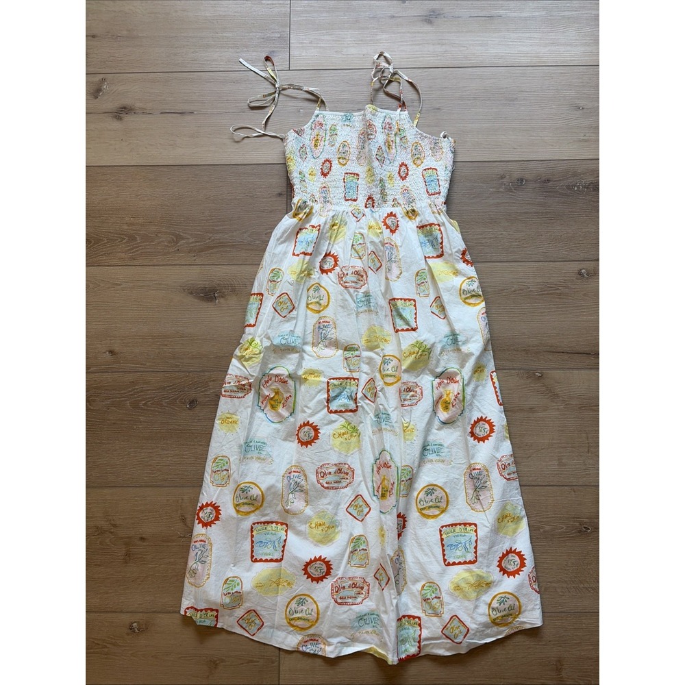 Cynthia Rowley Smocked Midi Dress Amalfi Olive Oil Postcard Print Size Small